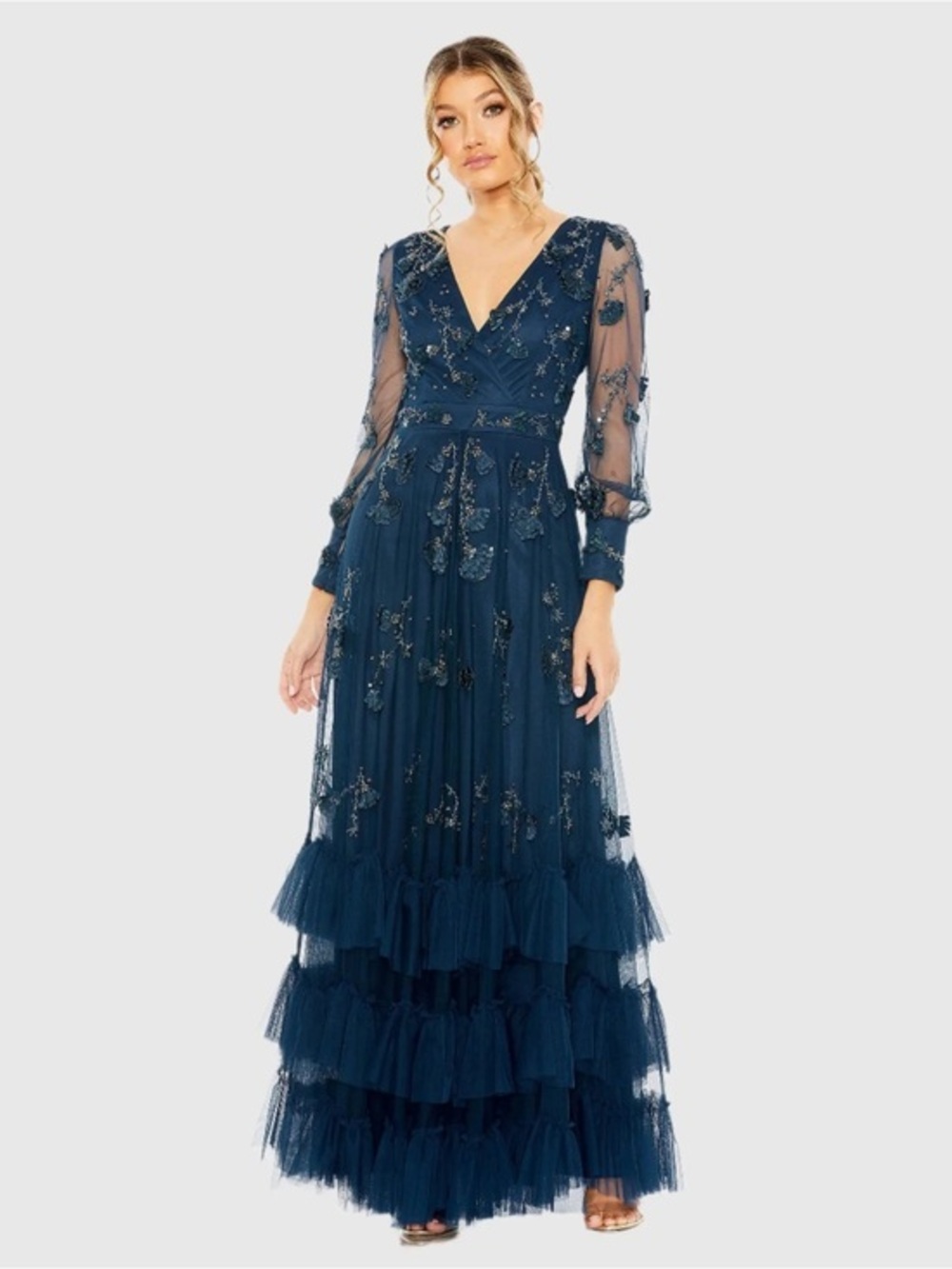 NWOT MAC DUGGAL Navy Mesh Long Sleeve V-Neck Tiered A Line Gown Sz: 8 #9256